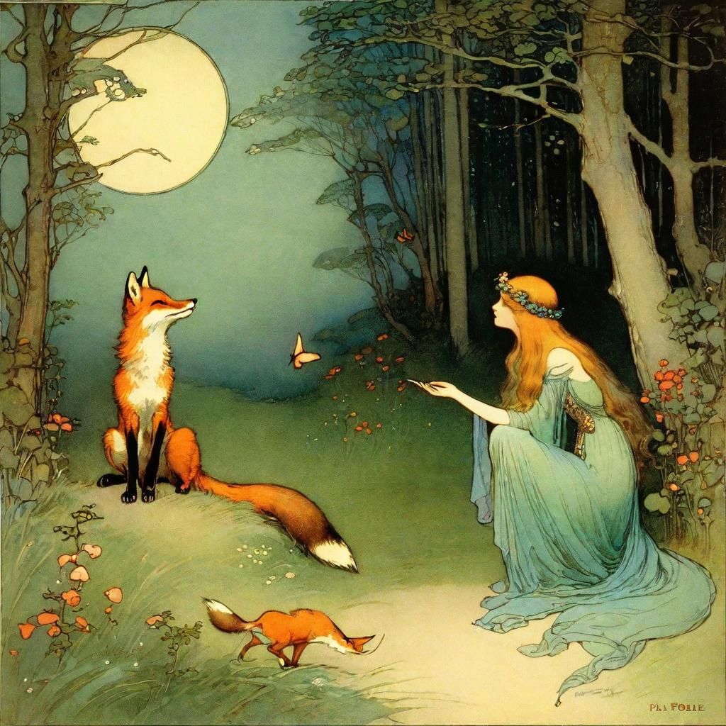 Fairy and Fox Illustration in Vintage Style