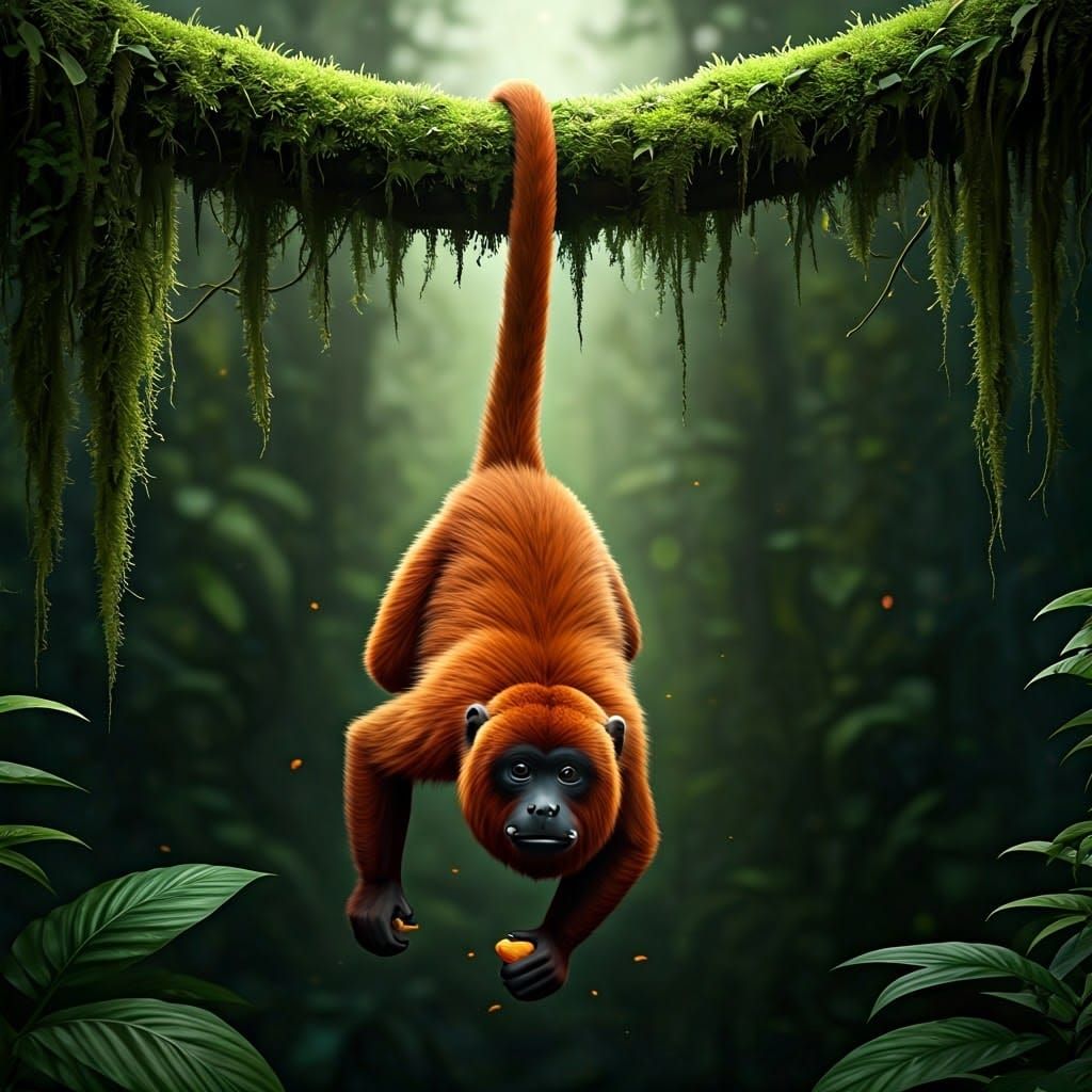 Playful Red Howler Monkey Hanging From Branch