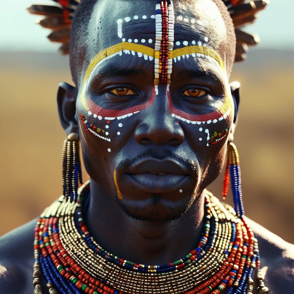Maasai Warrior with Ornate Beads in Vibrant Painting
