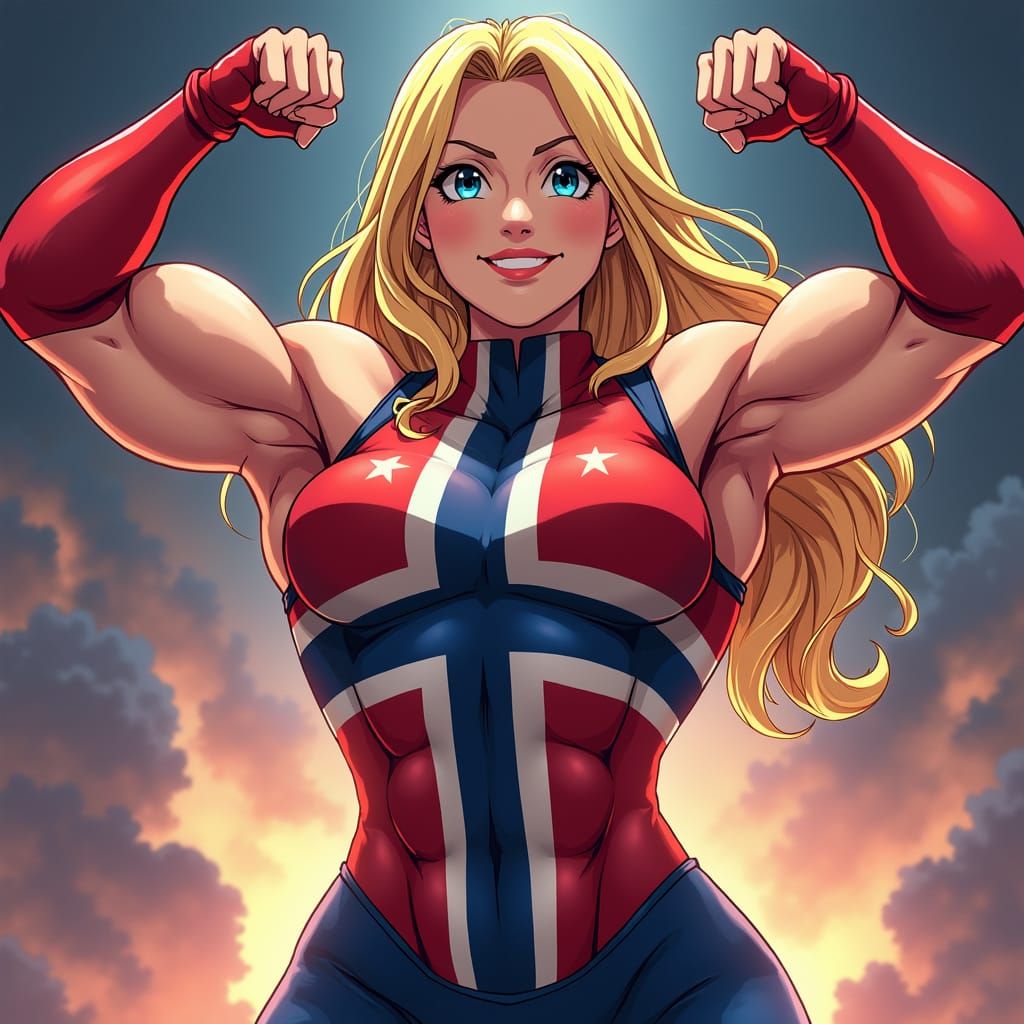 A very muscular Norwegian female caped superhero: Suit patte...