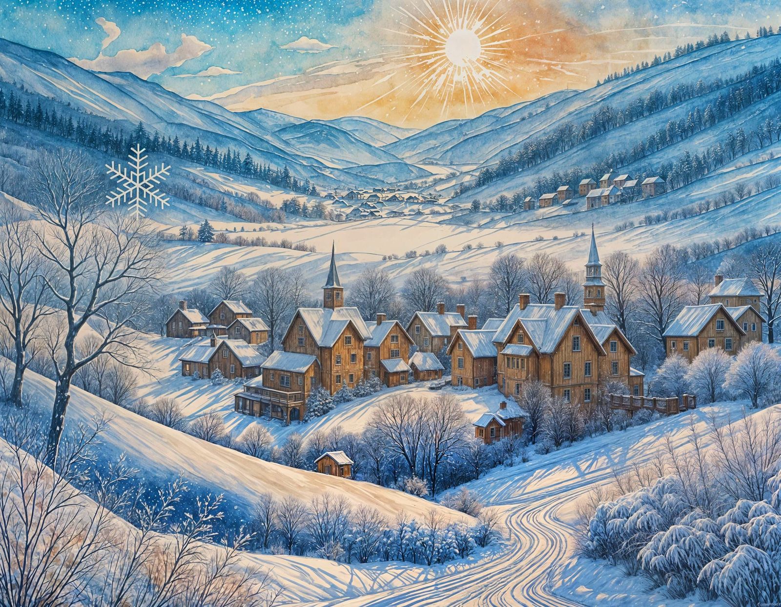 Large Snowflake Falling on Hamlet, Colorful Ink Art