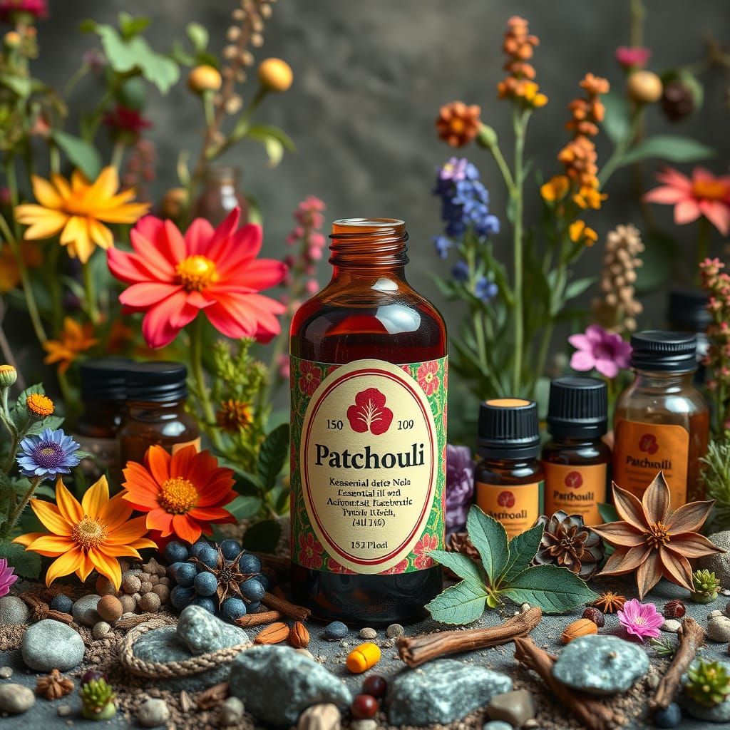 Vibrant Patchouli Oil in Lush Pop Art Landscape