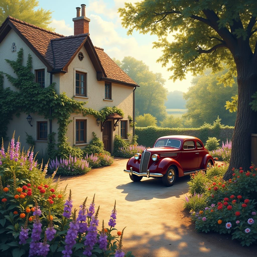Idyllic Cottage Garden with Vintage Car, Impressionist Style