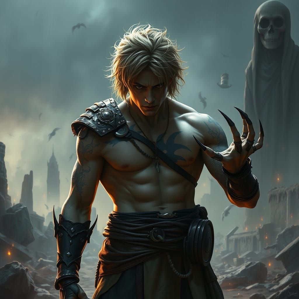 Mystical Warrior in Ruined Battlefield: Digital Painting