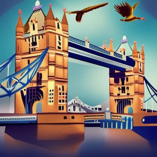Birds Fly Over Tower Bridge in Splash Art Style