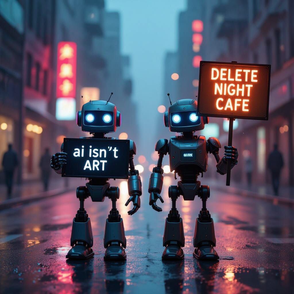 Robots Protest "AI Isn't Art" in Neon Cityscape