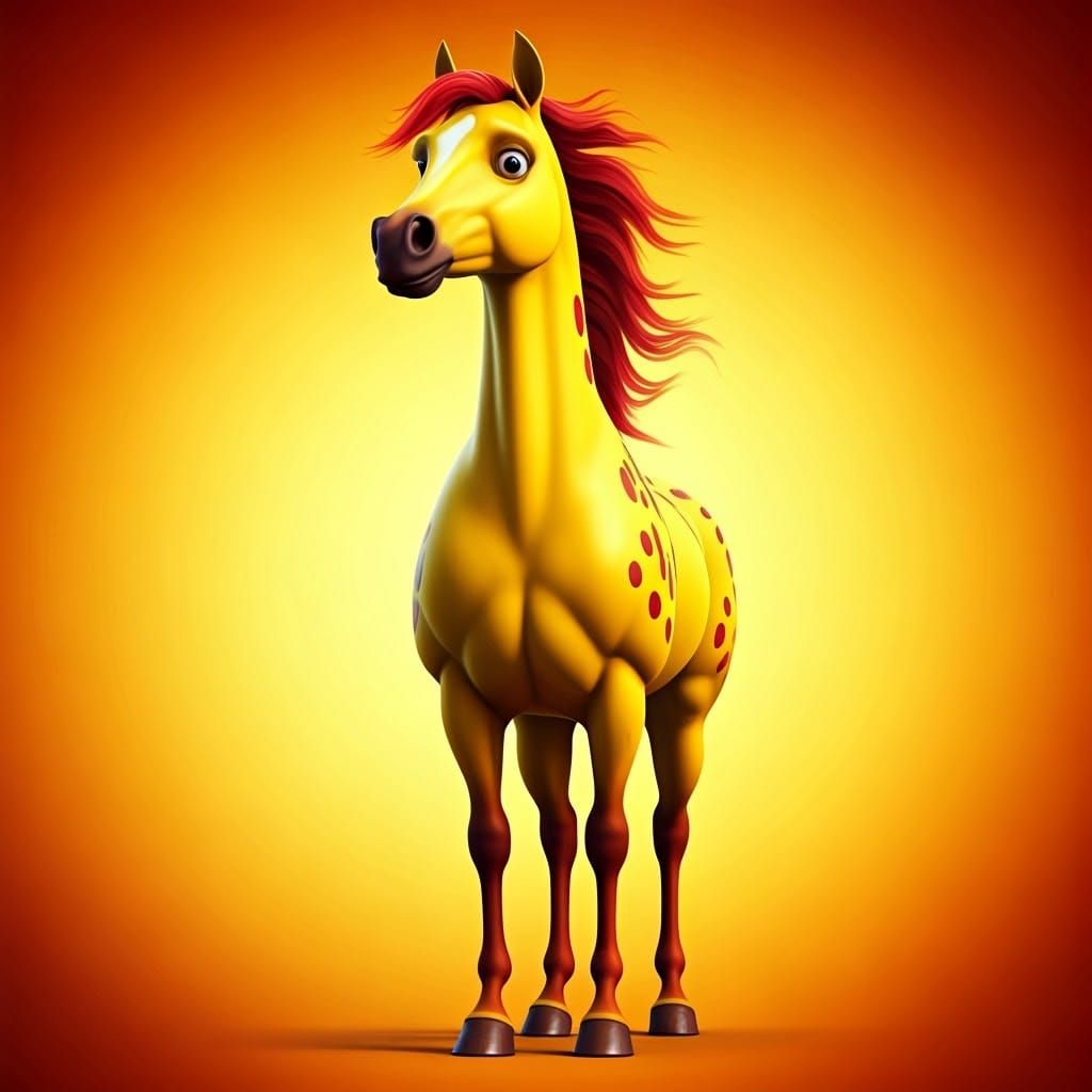 Heroic Yellow Horse with Crimson Spots in Vibrant 3D Digital...