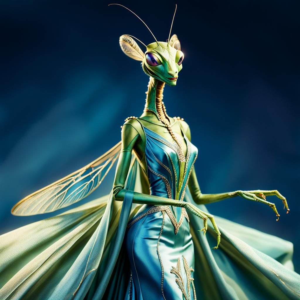 Praying Mantis in Haute Couture, Watercolor Style