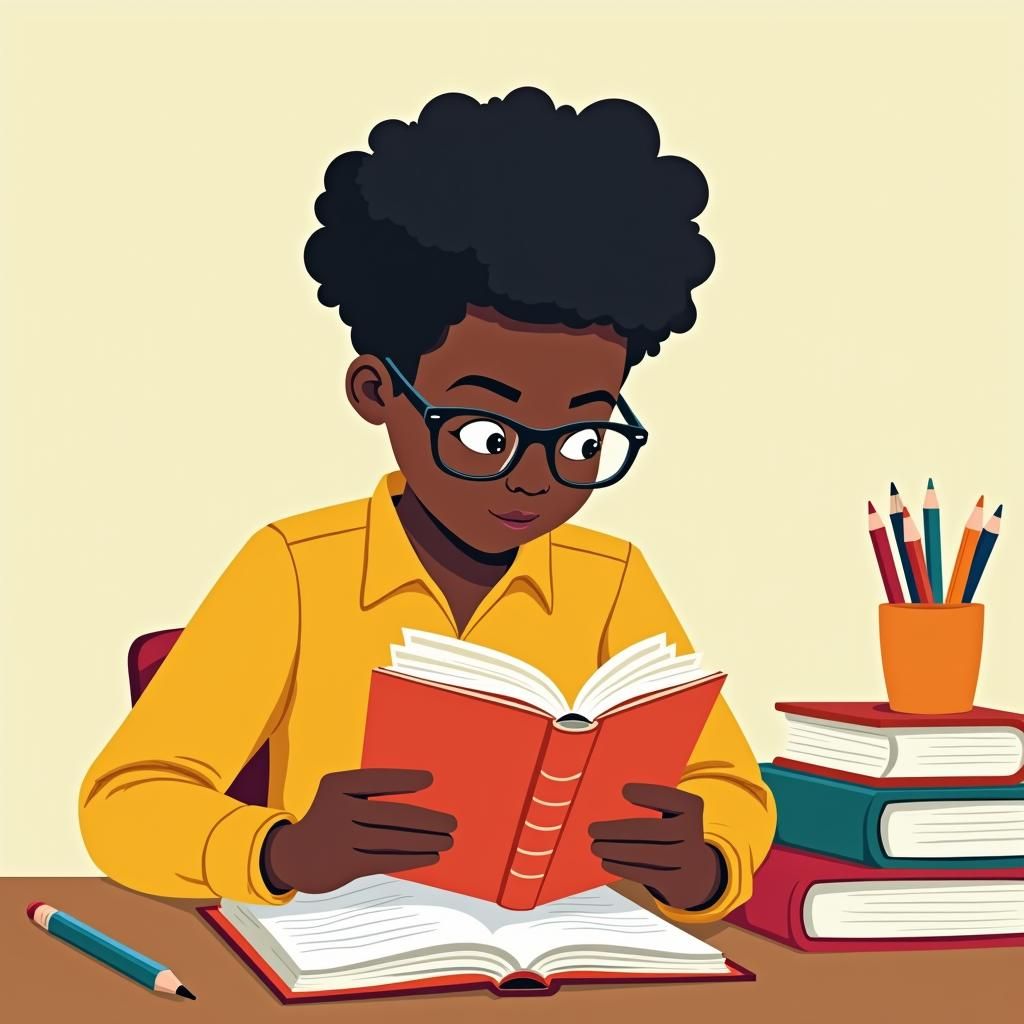 Black Student Reading, Flat Vector Illustration