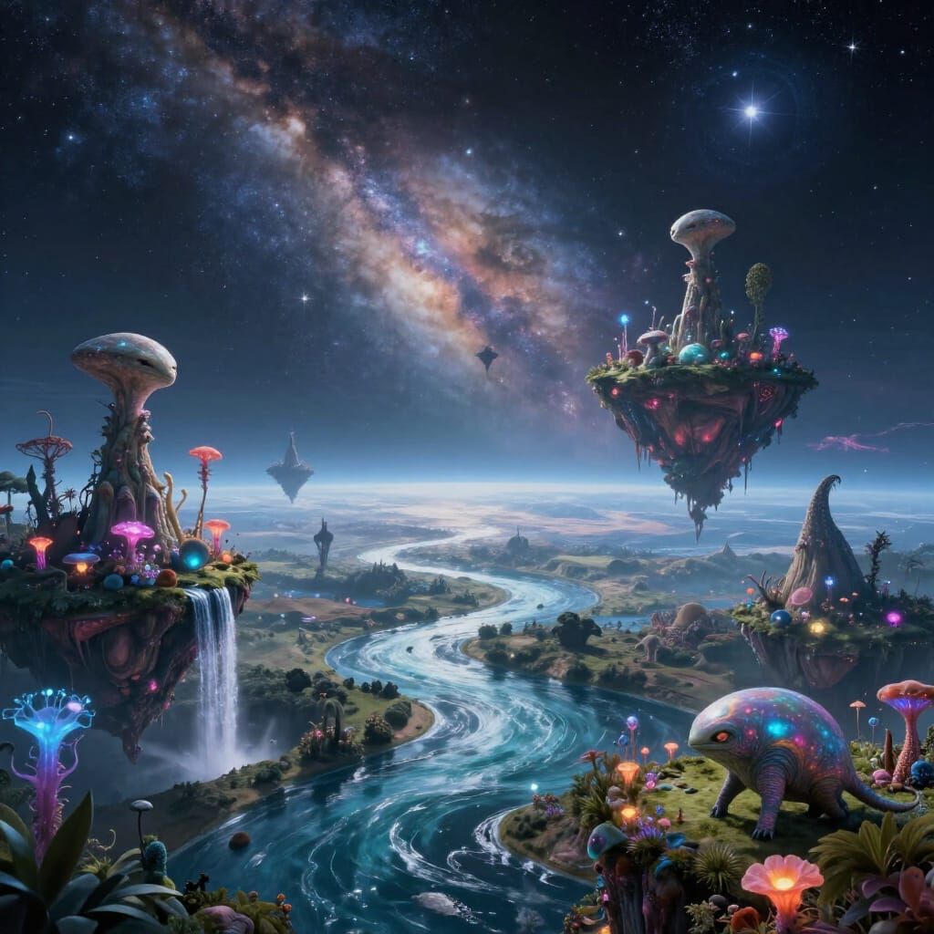 Alien Planet Serenfall with Bioluminescent Flora and Cosmic ...