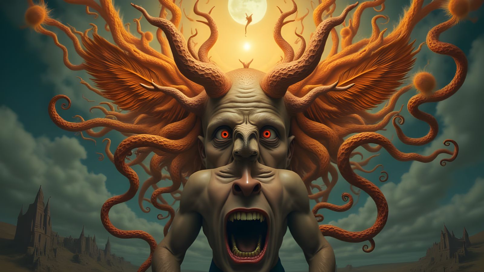 Mutant Man with Peacock Features and Fractal Face