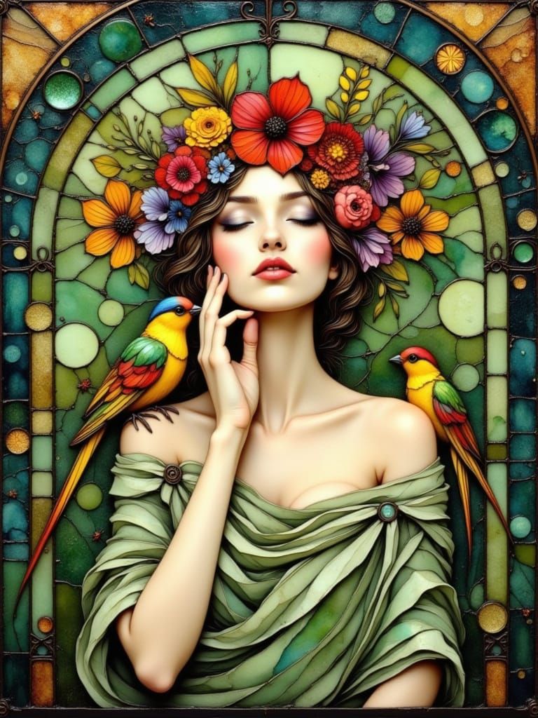 Art Nouveau Woman with Flower Crown and Bird, Stained Glass