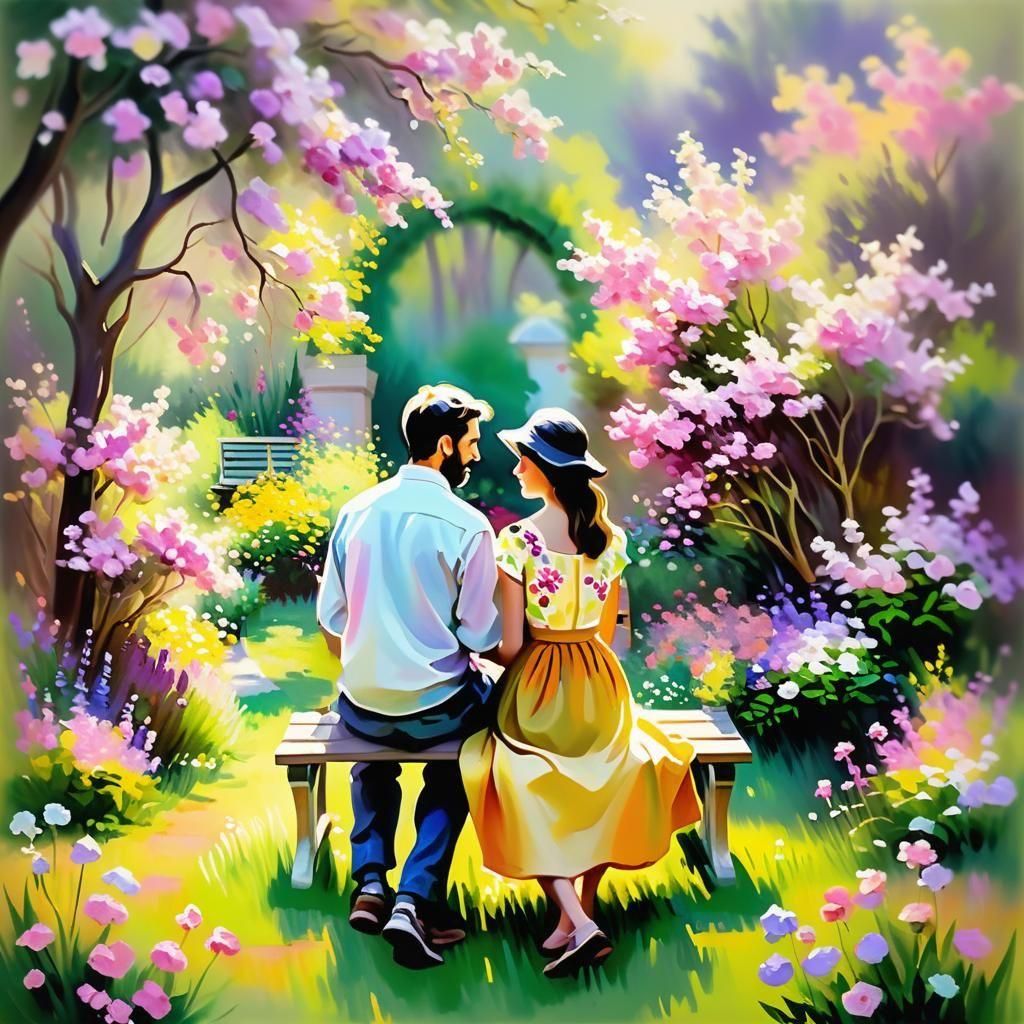Meeting in a Blooming Garden: A Serene Scene