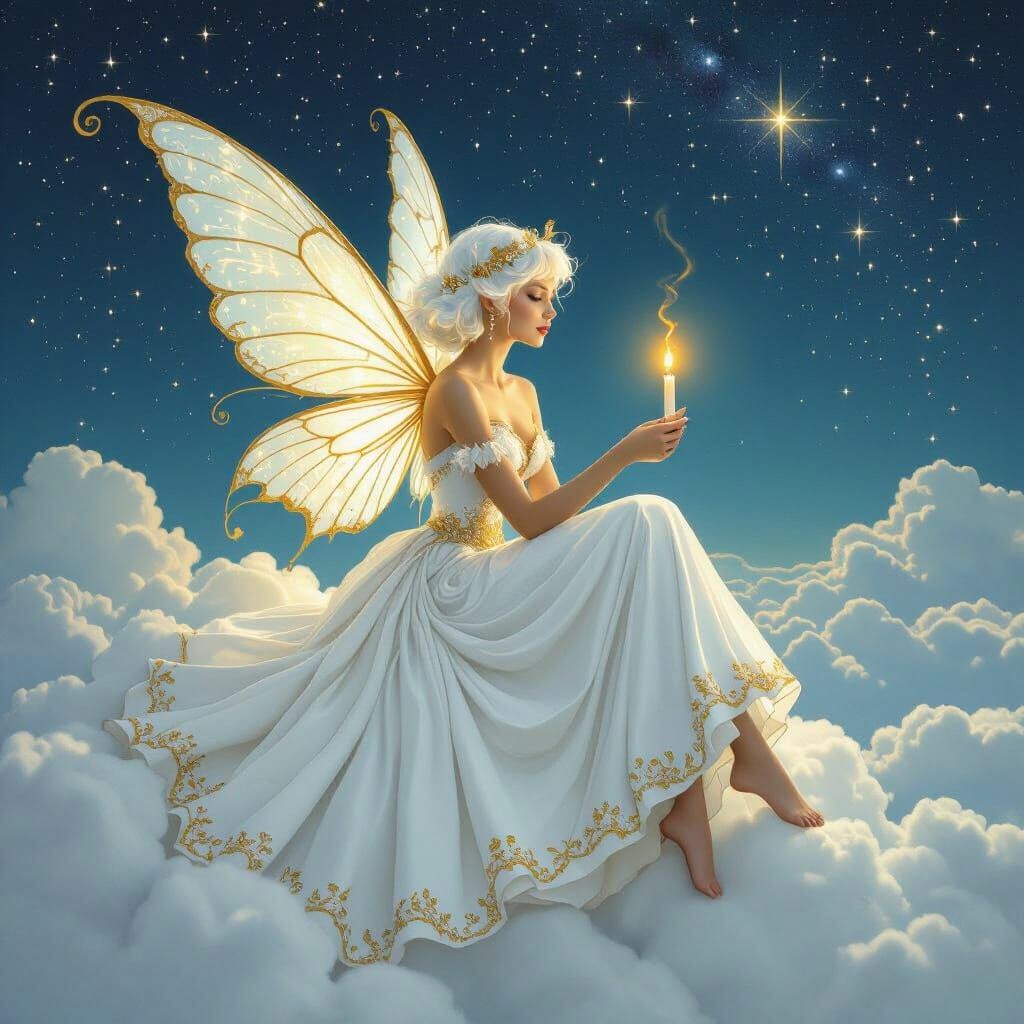 Fairy with Candle on Cloud in Pastel Shades