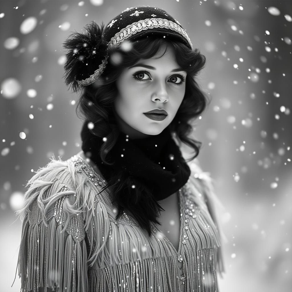 1920s Flapper Snowgirl in Elegant Black and White