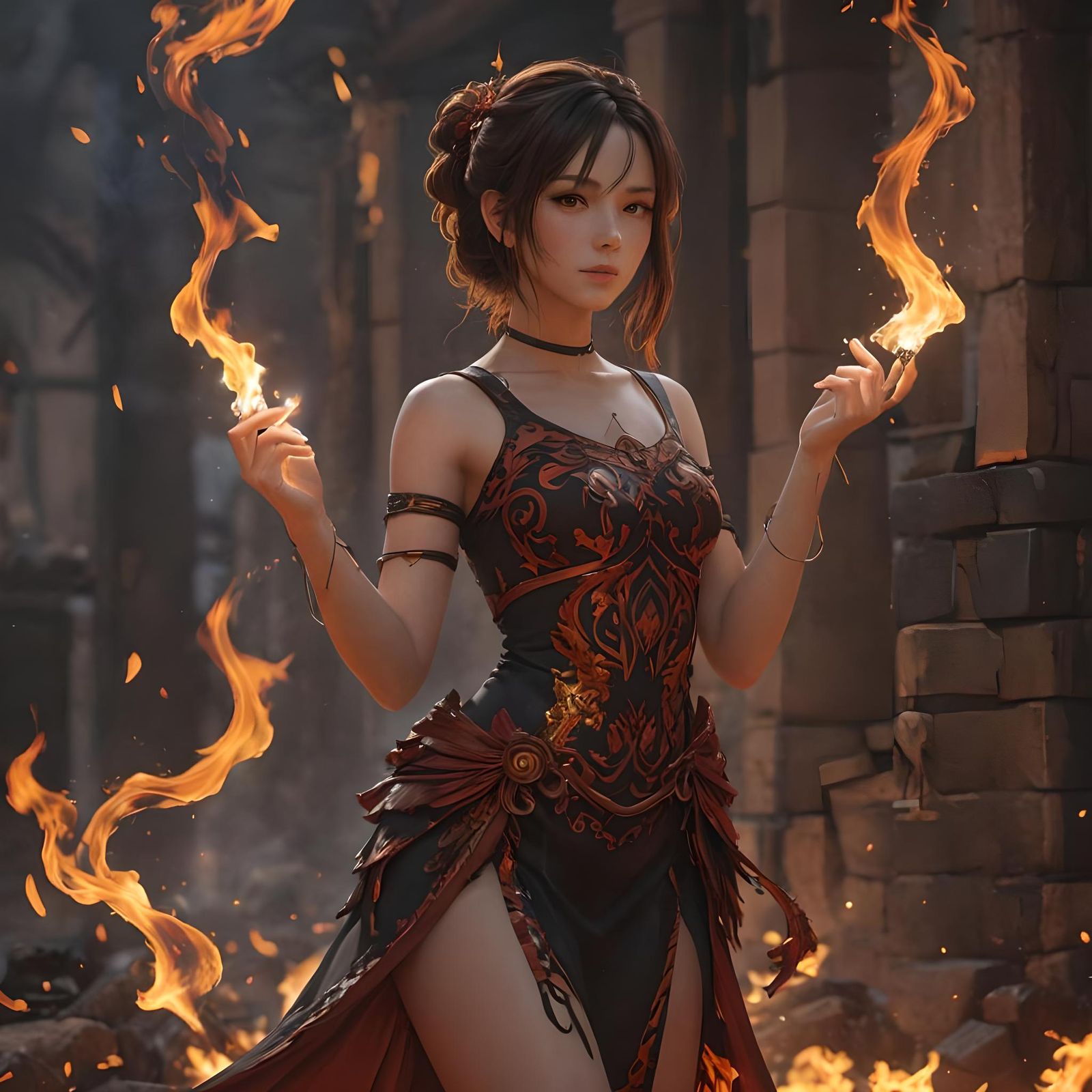 Fiery Anime Girl in 3D Style