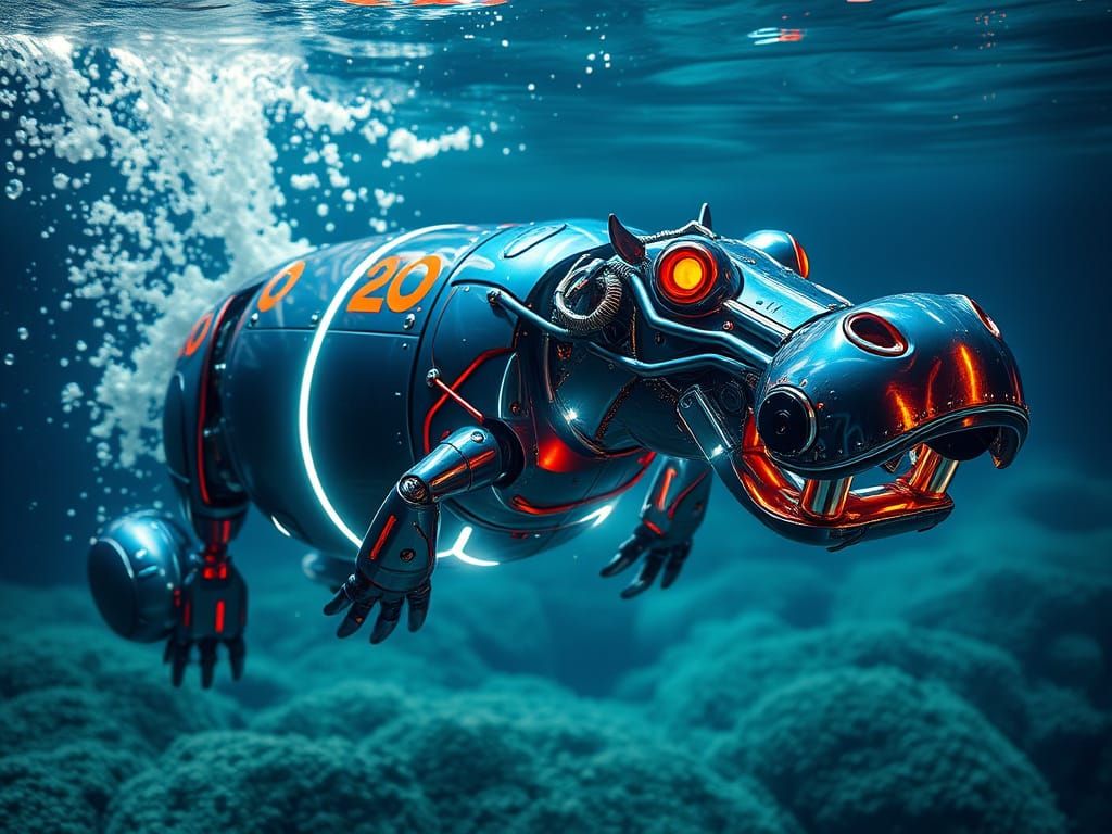 Sleek Robotic Blue Hippo Glides Through Ocean in Cyberpunk S...