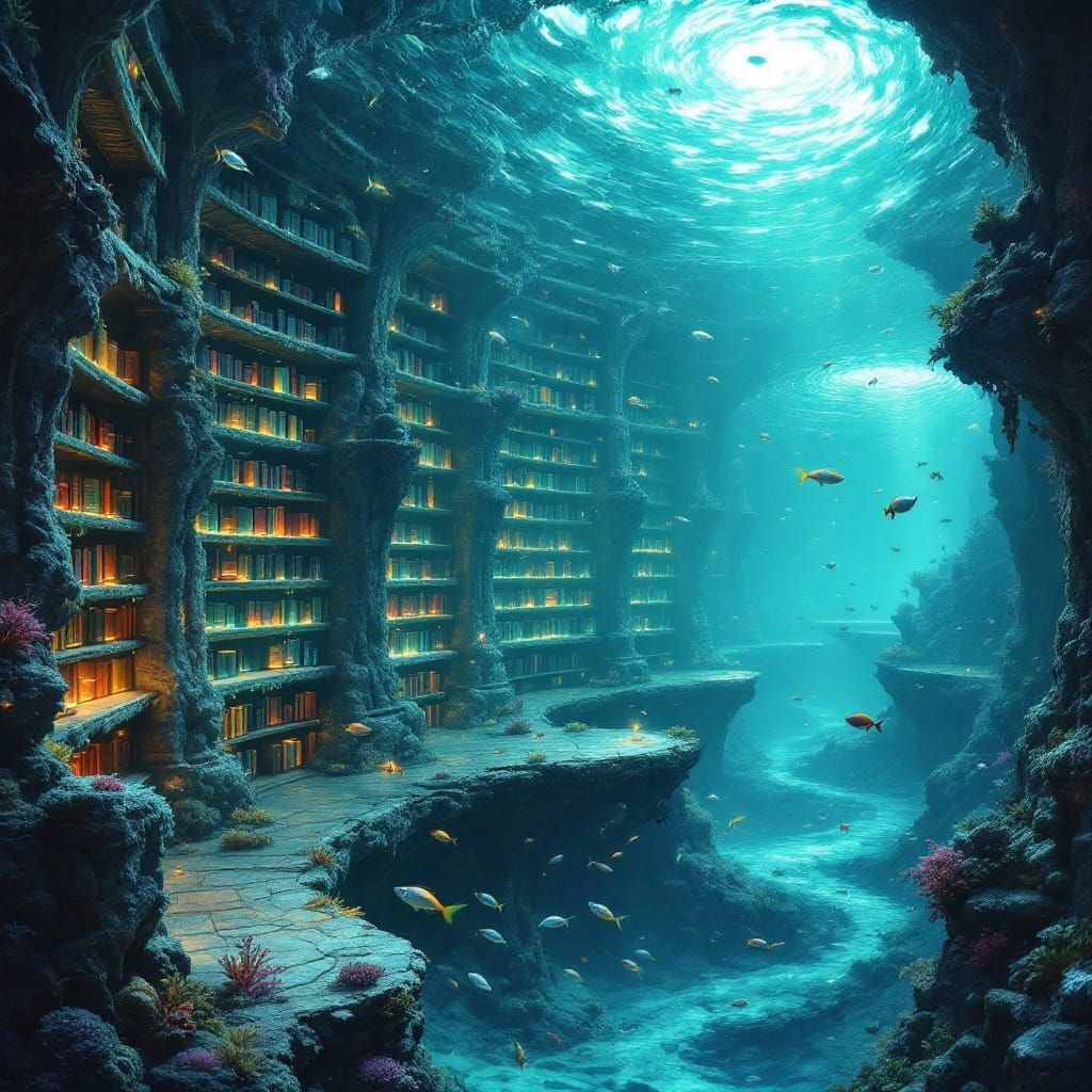 Surreal Oceanic Library of Glowing Tomes and Fractal Pattern...