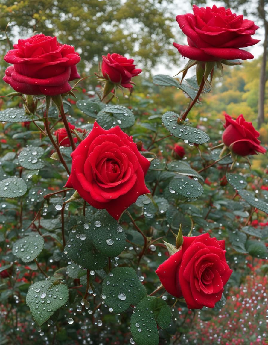 Red Rose Bush with Sparkling Dew