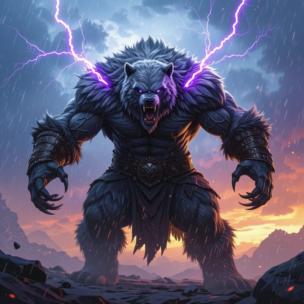 Silver Werebear Berserker Arcing Purple Electricity