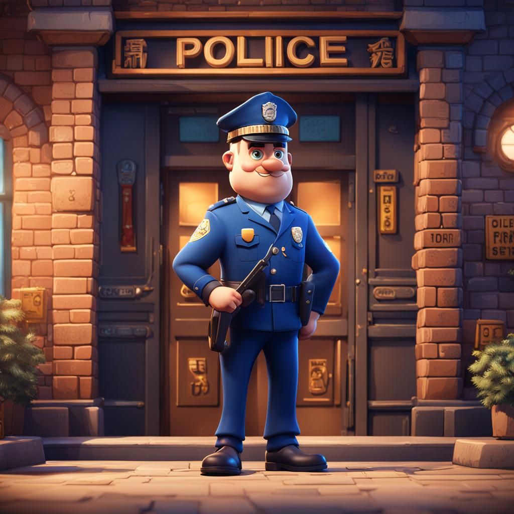 Cartoon Policeman at the Police Station in Detailed Painting