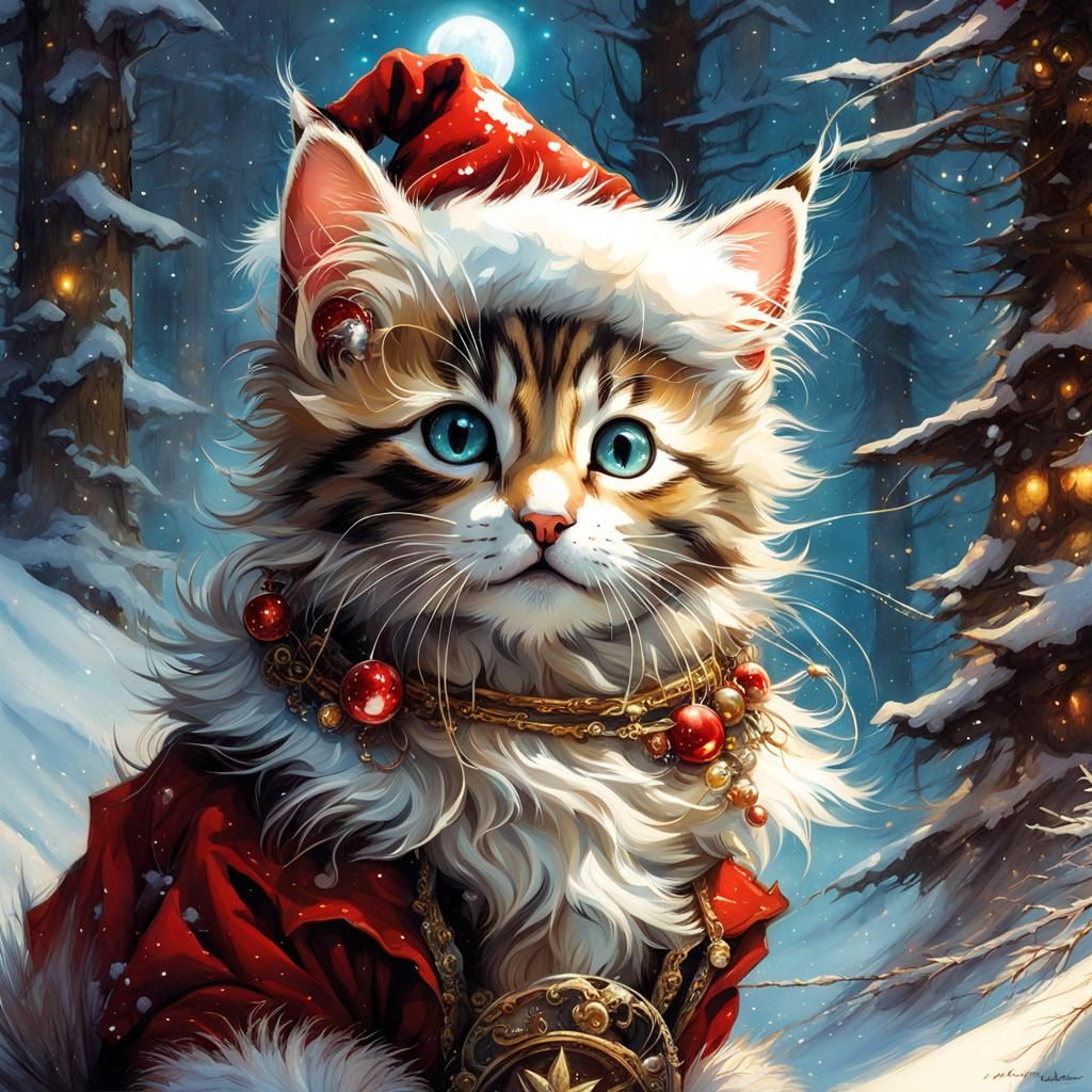 Super Cute Kitten Santa in Enchanted Forest