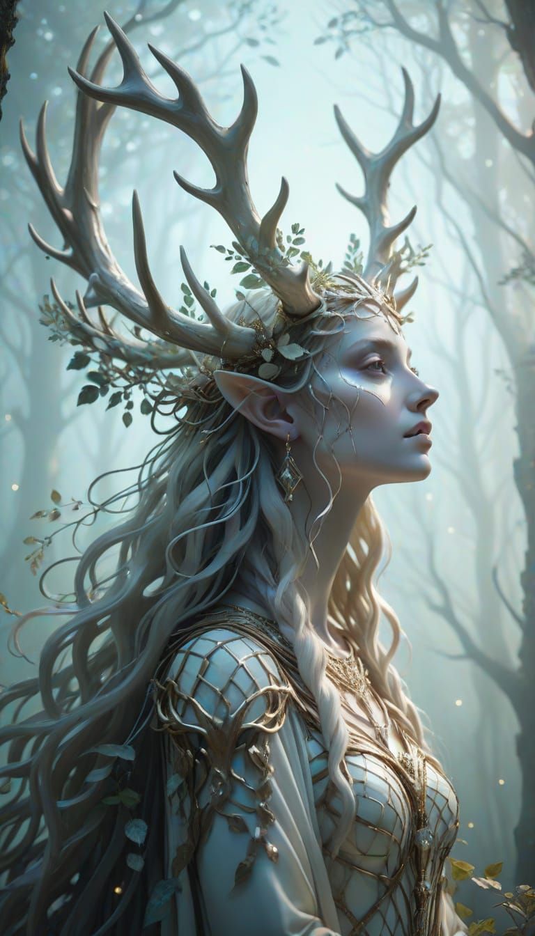 Sylvan Goddess with Ossified Antlers in Ethereal Forest