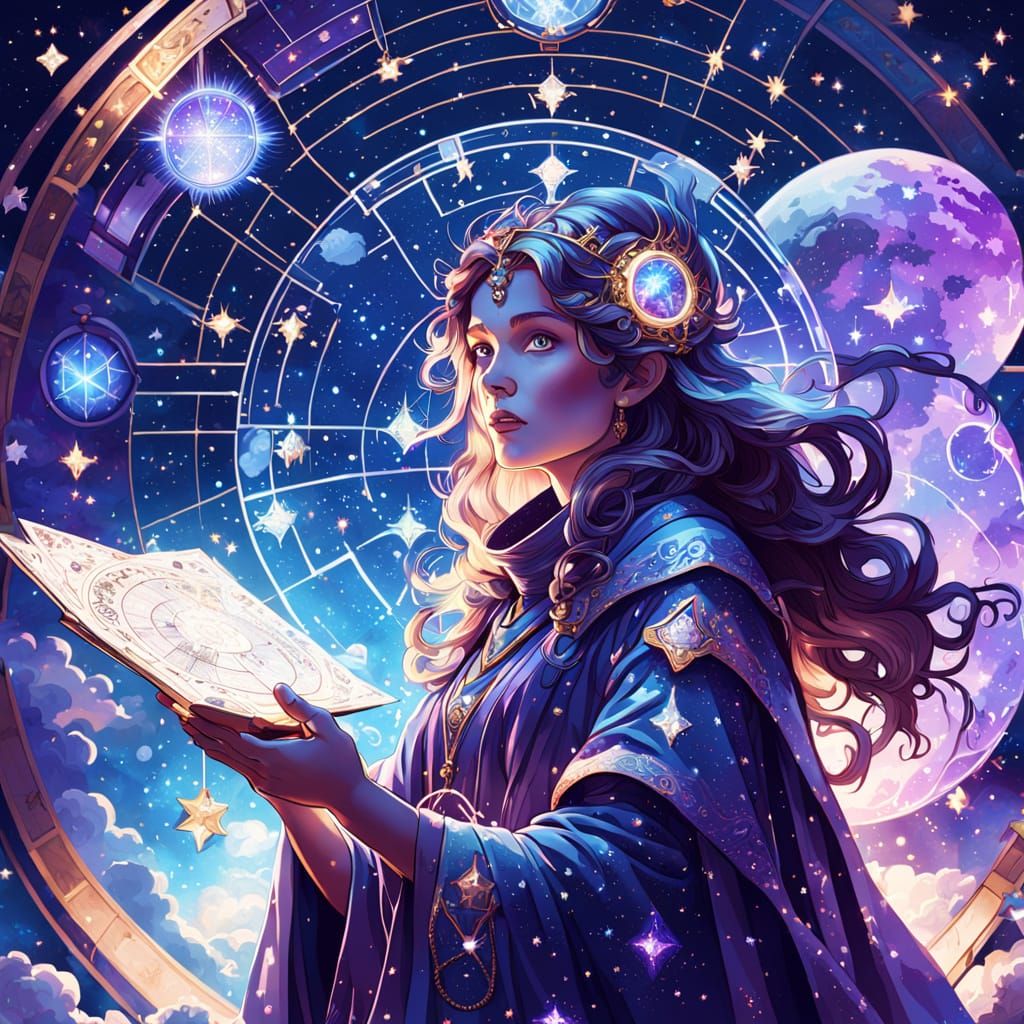 Celestial Cartographer in Nebula Observatory, Alphonse Mucha...