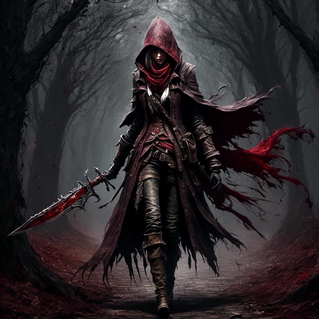 Powerful Female Assassin with Bloody Dagger