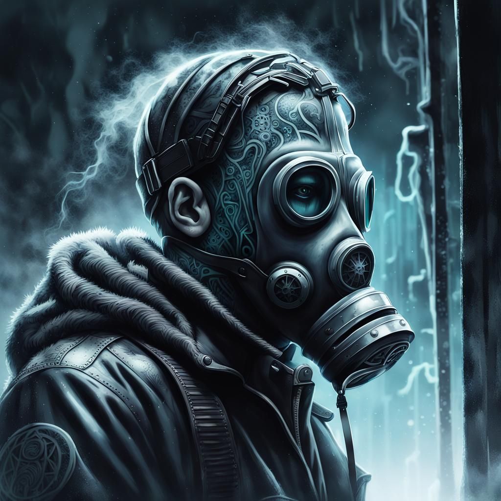 Cyberpunk Gas Mask Portrait with Tattoo Elements