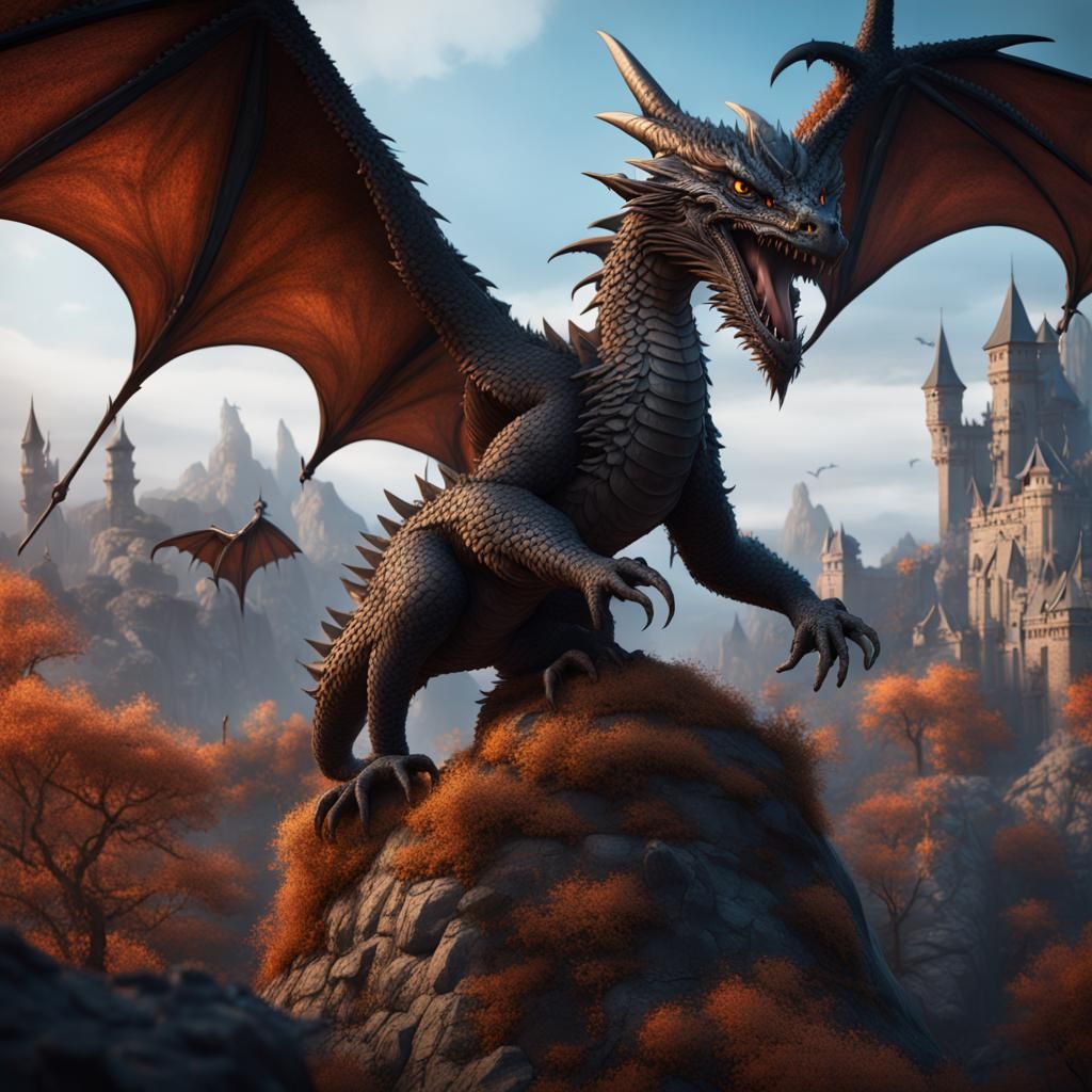 Small Dragon Hunting Crows: Detailed Matte Painting
