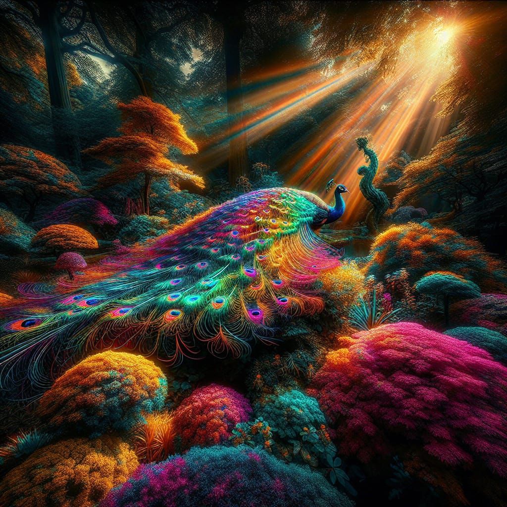 Majestic Dark Peacock Shimmers in a Vibrant Garden