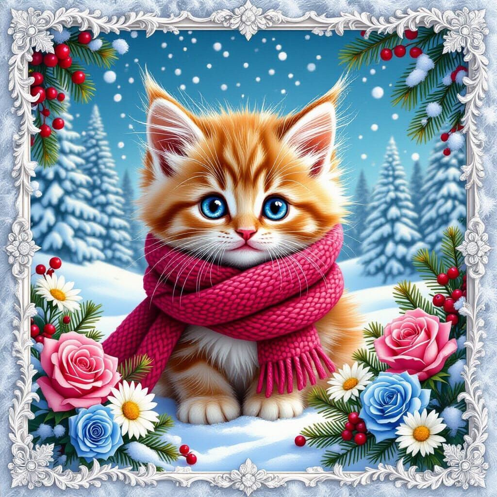 Winter Kitten Surrounded by Roses in Steampunk 3D Style