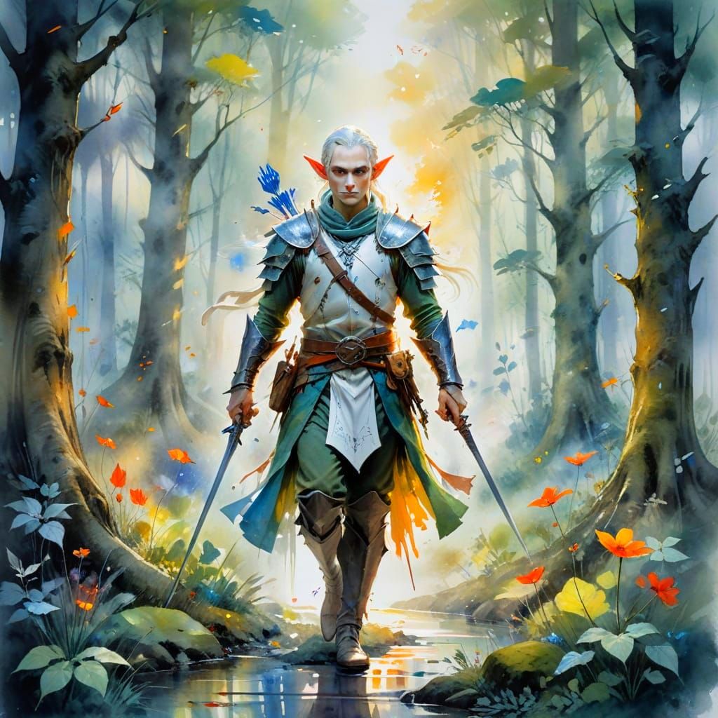 Noble Elf Warrior in Enchanted Forest Watercolor