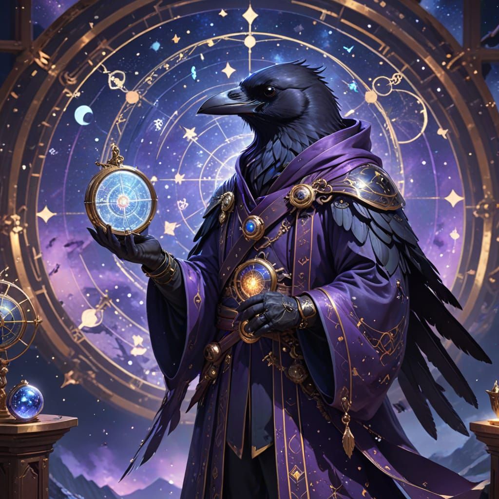 Raven Mage in Observatory: Vibrant Digital Art