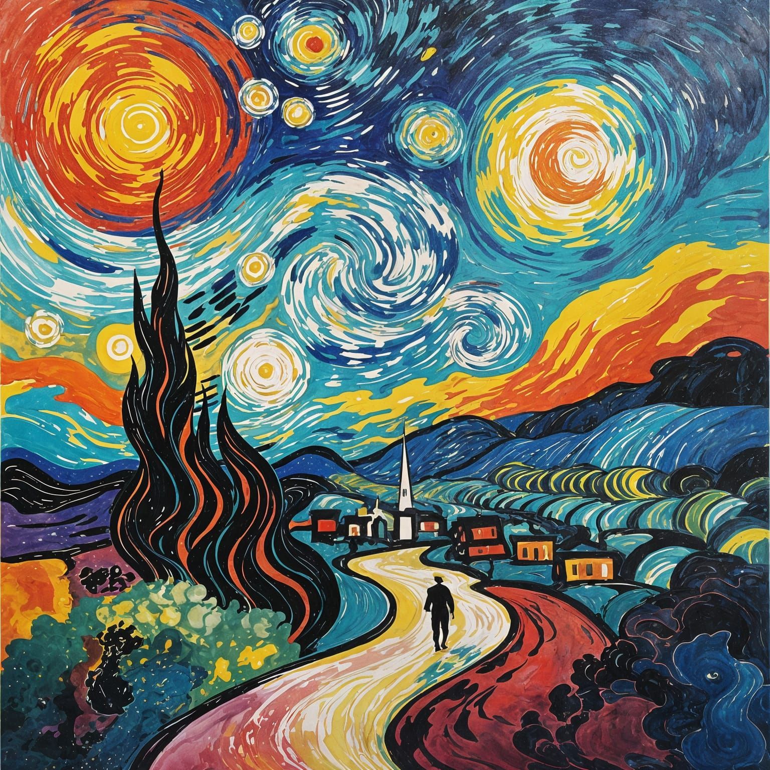 Abstract Liquid Swirls Painting: Sky, Land, and People