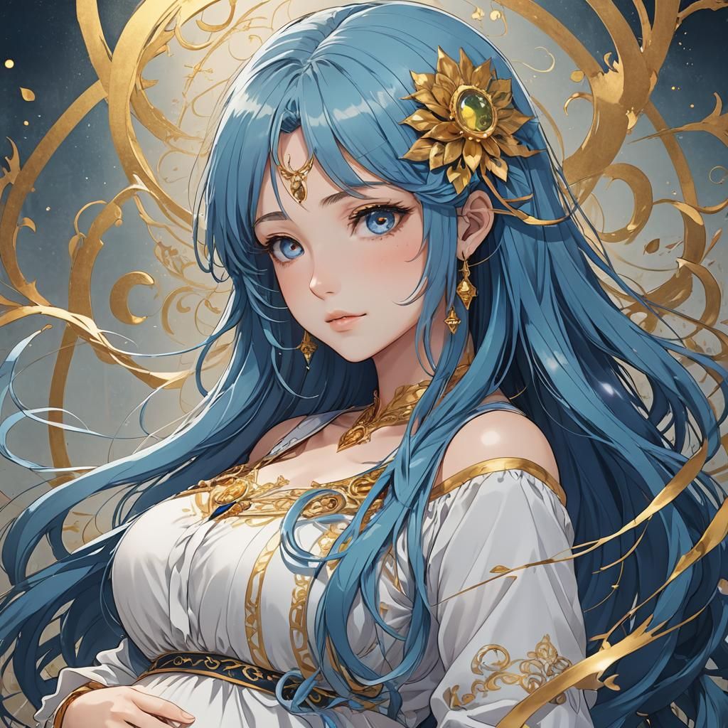Pregnant Girl with Blue Hair in Anime Style