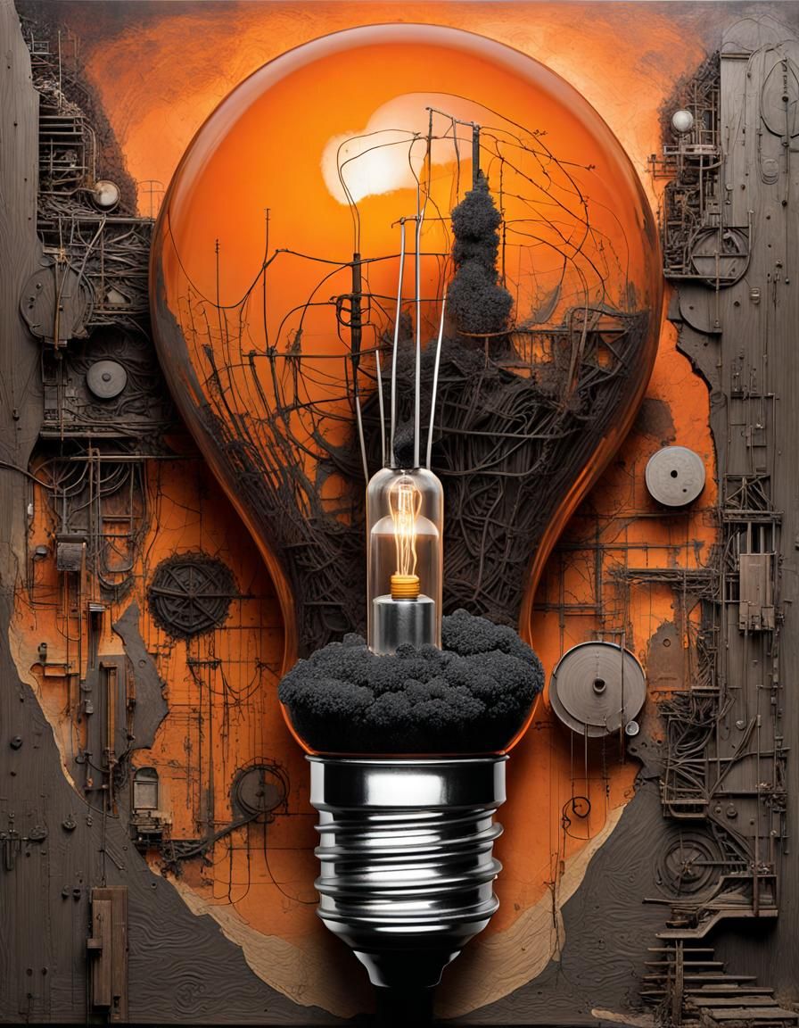 Surreal Lightbulb Sun in Decaying Landscape