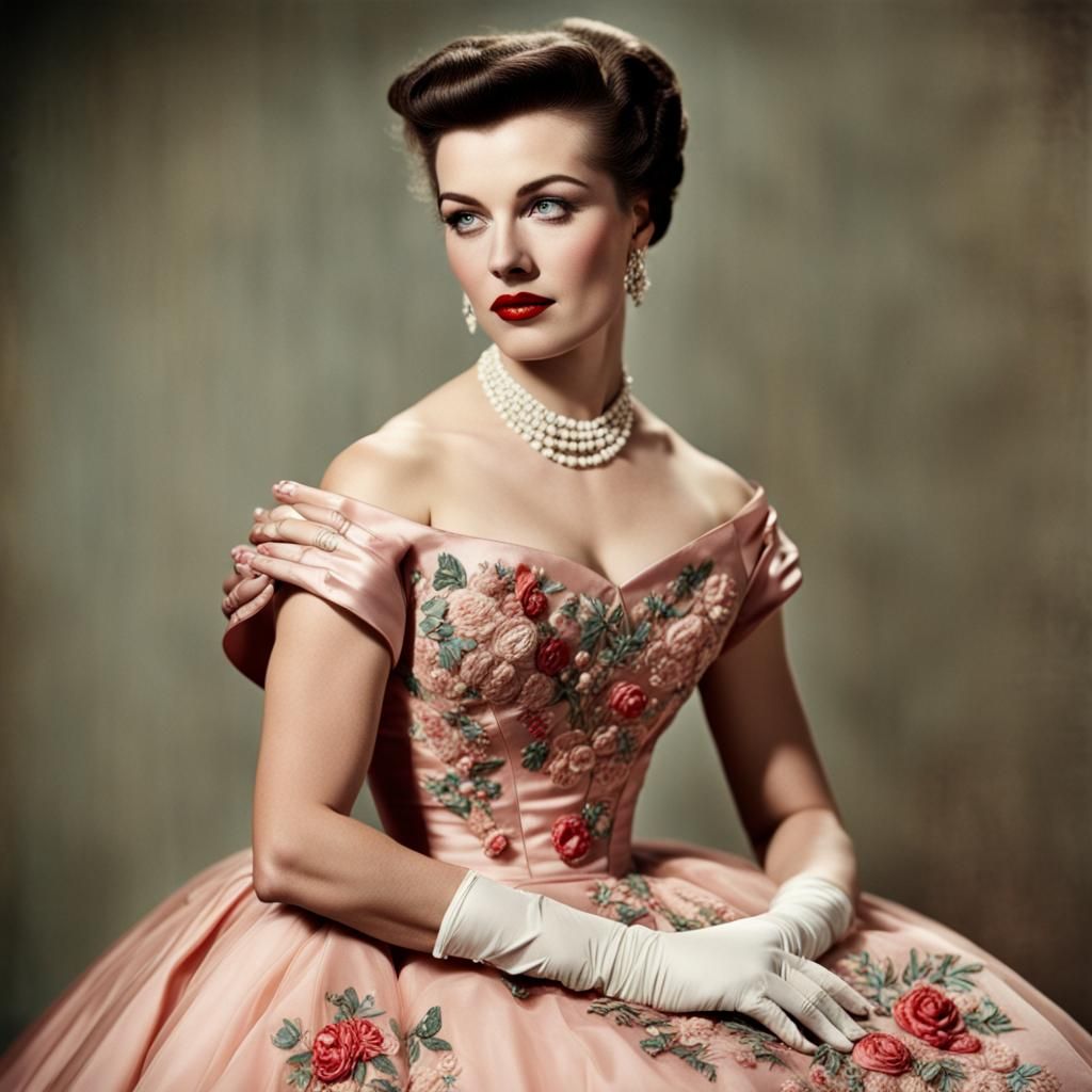 Elegant 1950s Woman in Embroidered Gown