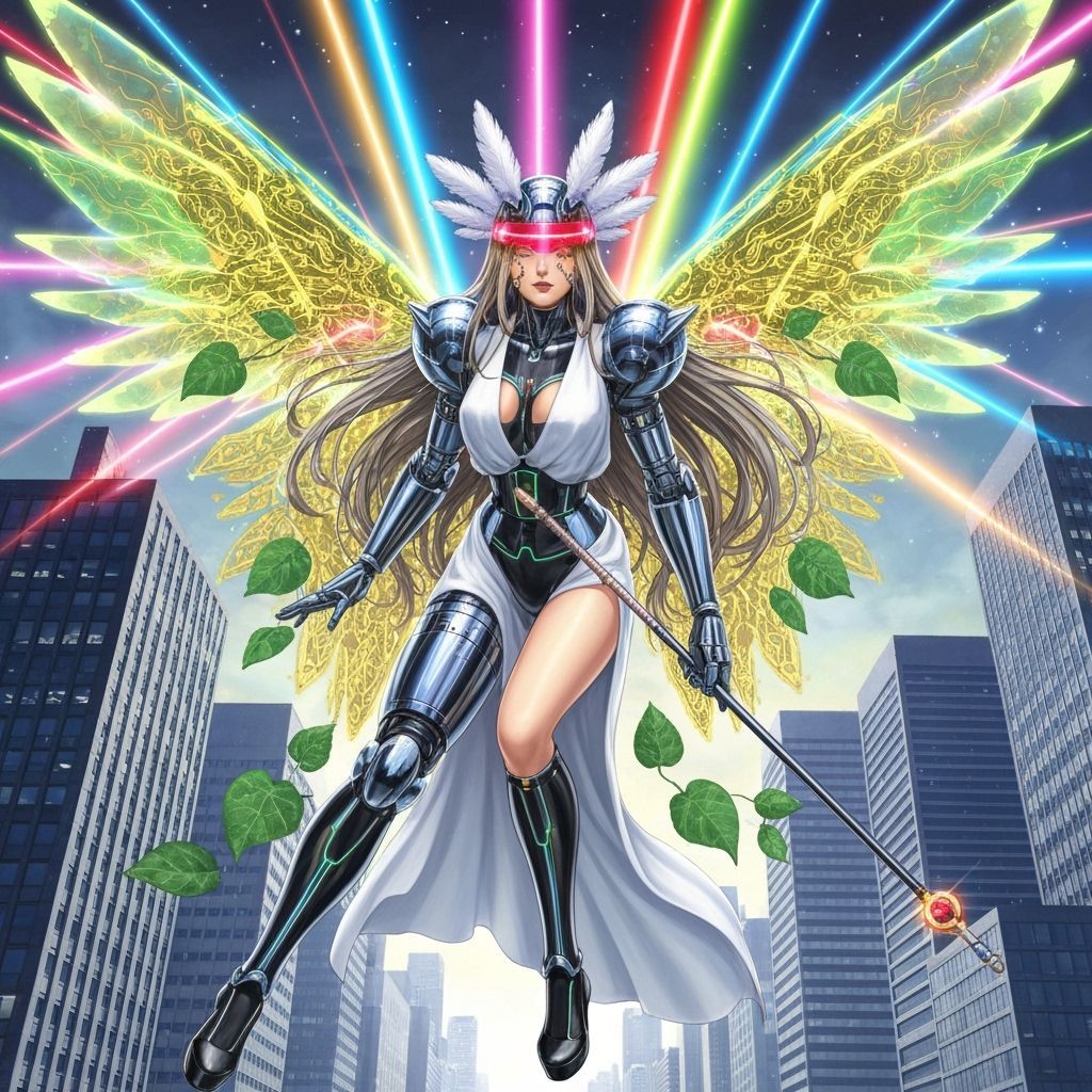 Anime Fairy with Cybernetic Wings in Retro Futurism