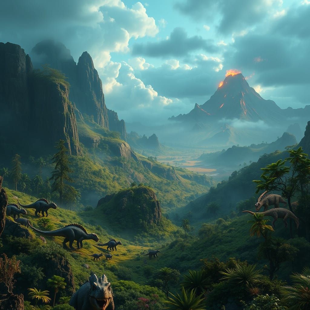 Majestic Dinosaurs Roam Lush Prehistoric Landscapes in Cyber...