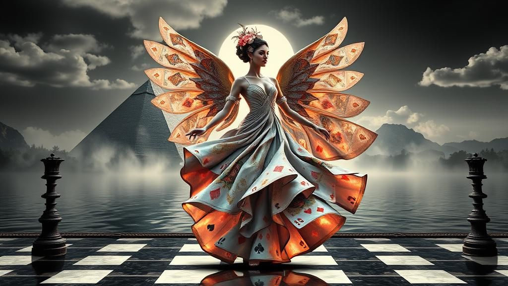 Flamenco Dancer in Playing Card Dress on Chessboard
