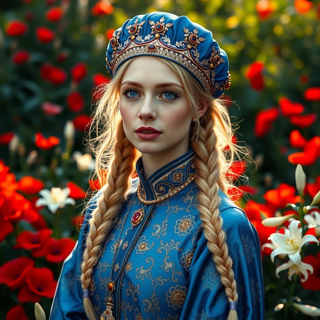 Russian Noblewoman in Lavish Blue Brocade Gown