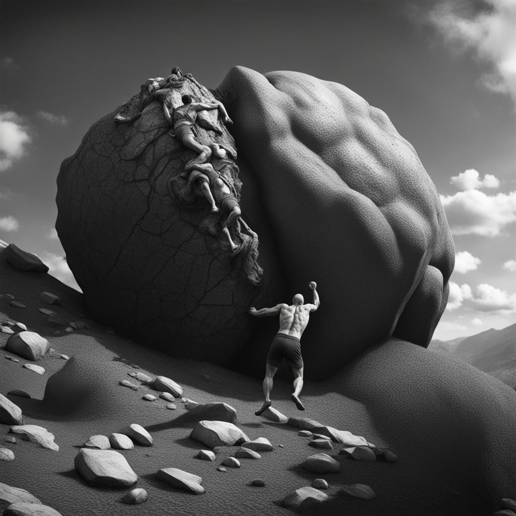 Sisyphus Pushing Rock, Black and White Photography
