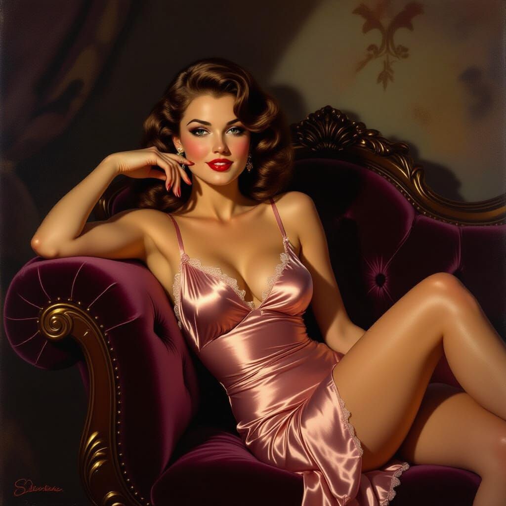 Pinup Girl Lounging in Velvet Boudoir, Classic Style