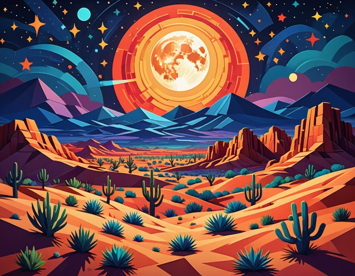 Cubist Full Moon Over Desert Landscape