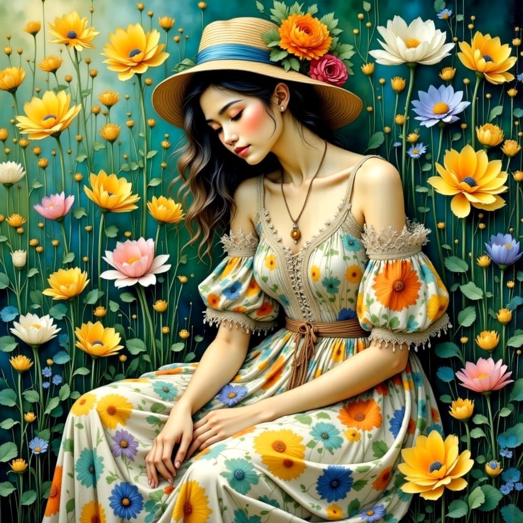 Spring's Radiant Goddess in Neoimpressionist Style