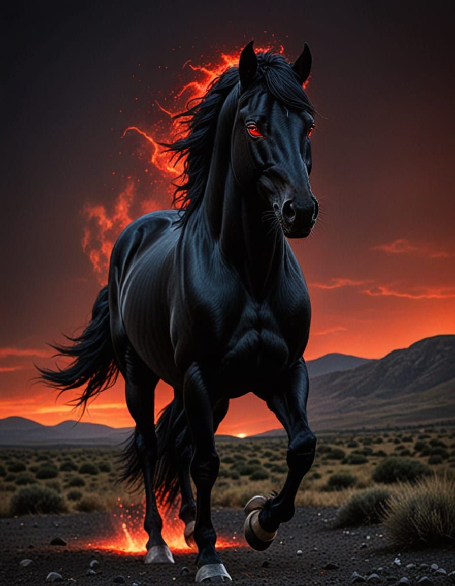 Mystical Black Stallion with Red Eyes