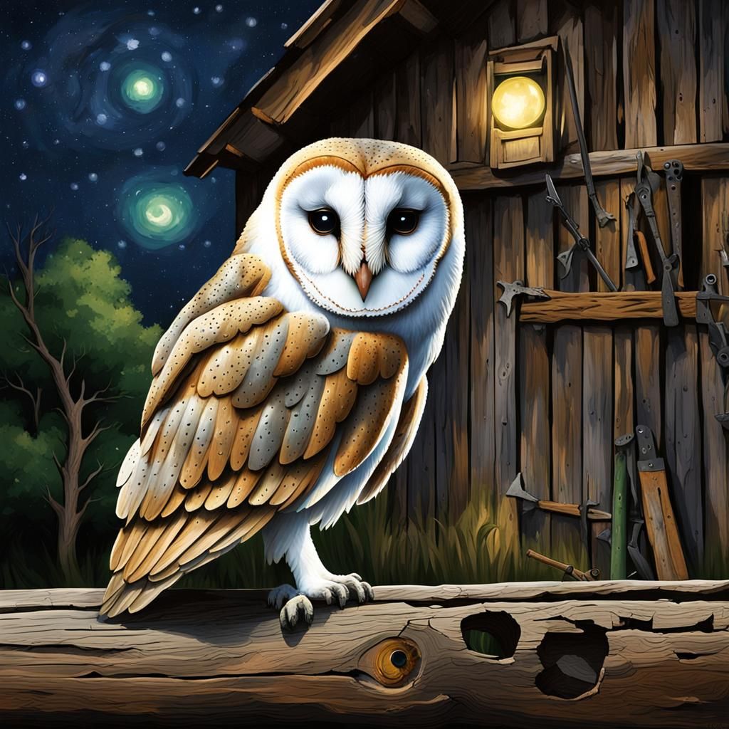 Barn Owl in Old Barn at Night: Dark Fantasy Art