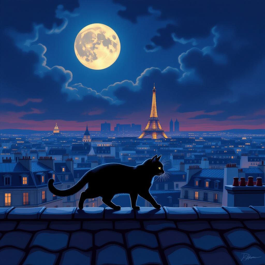Black Cat Waltzing on Parisian Rooftop Under Moonlight